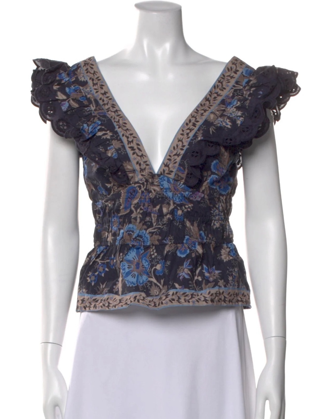 Sea New York Floral V-Neck Ruffle Sleeve Top in Navy